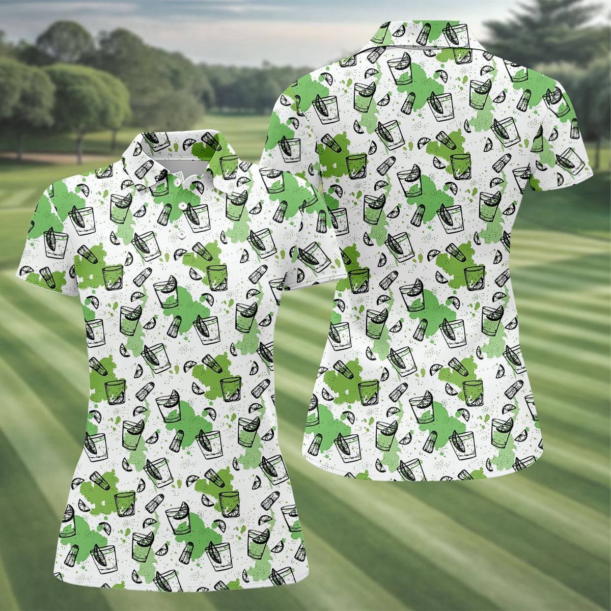 Green Cocktail Splash Pattern Golf Shirt, Ladies Golf Top, Hawaiian Golf Shirt, Women’s Golf Apparel