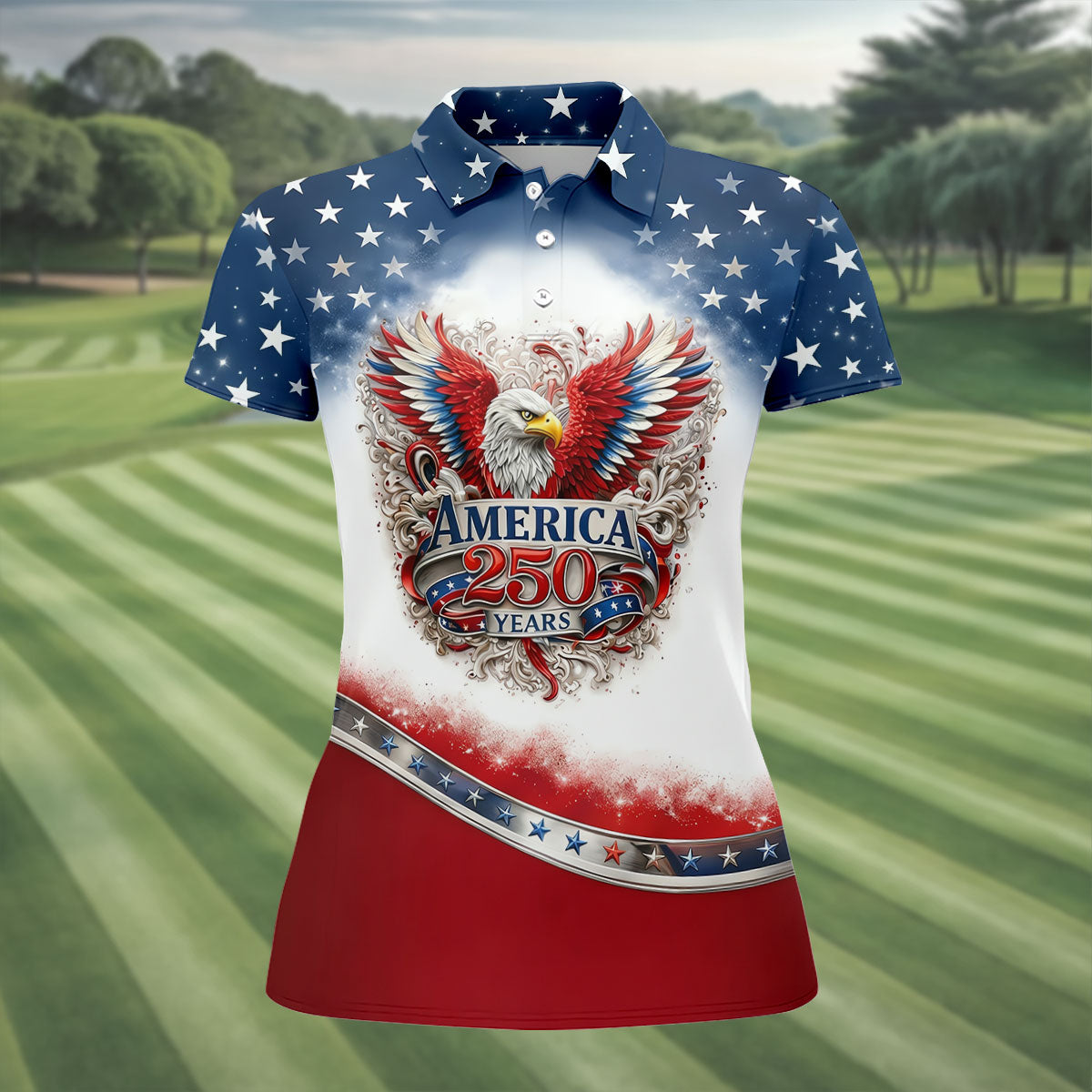 Bald Eagle Red White Blue Patriotic Stars 4th Of July Golf Shirt, 250 Years Golf Shirt For Women