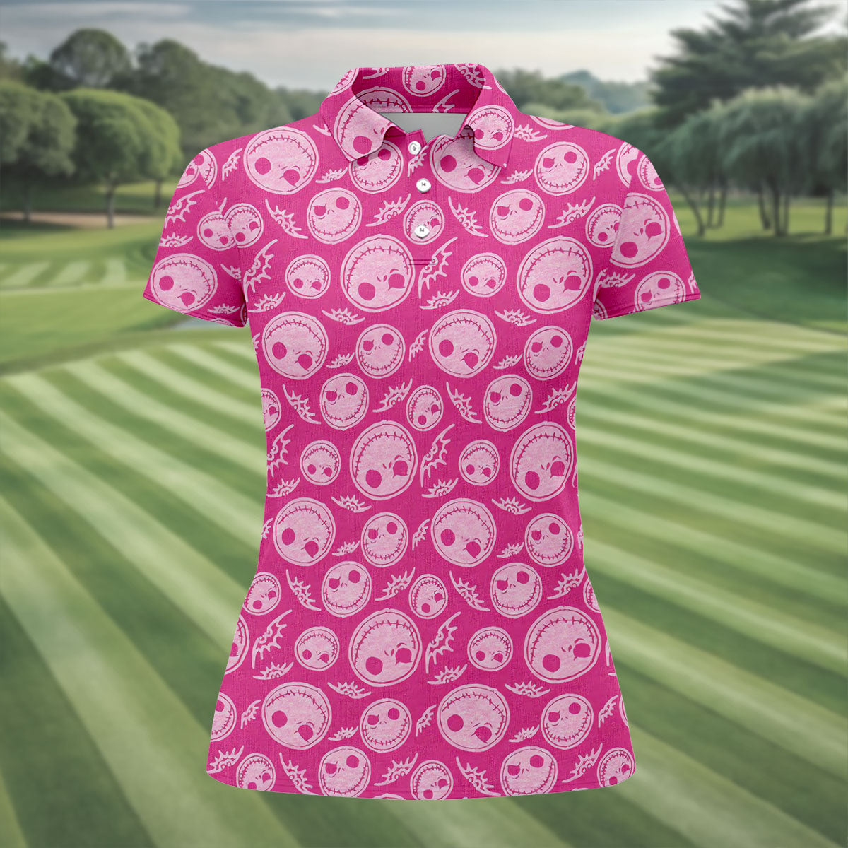 Pink Stitched Skull Halloween Golf Polo Shirt, Golf Tops For Women, Printed Golf Shirt