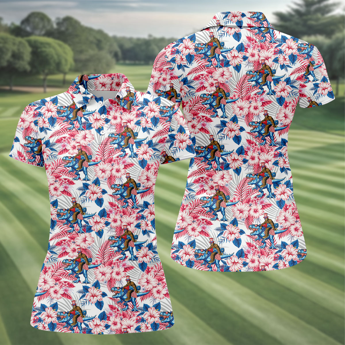 Patriotic T-Rex Bigfoot Hawaiian Floral Golf Shirt, 250 Years 4th Of July Golf Shirt For Women