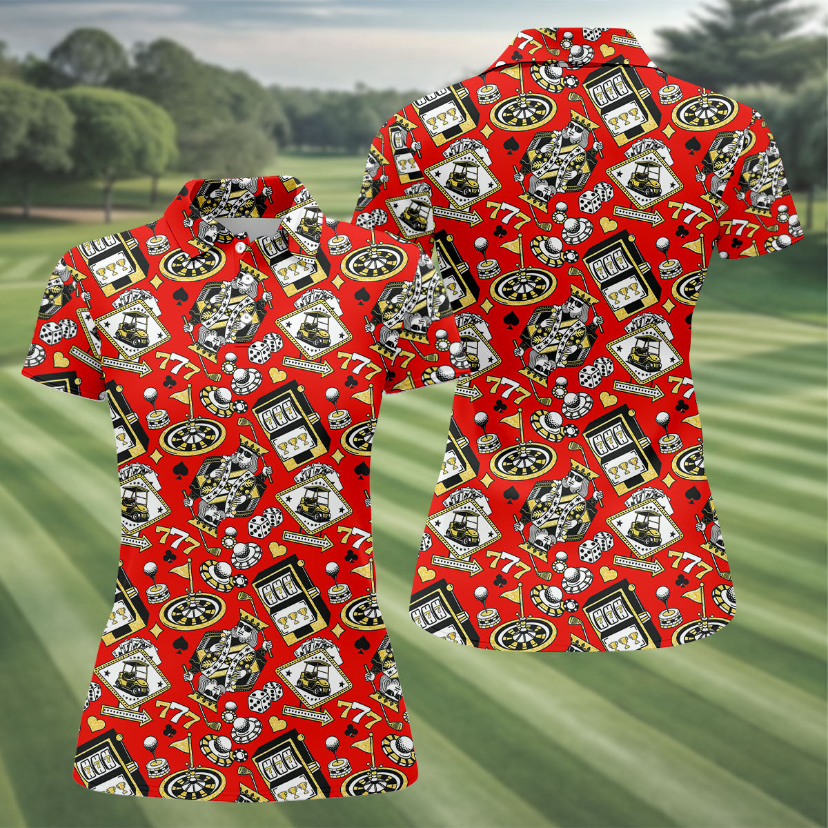 Casino Golf Pattern Red Hawaiian Golf Polo Shirt, Ladies Golf Shirt, Women's Golf Apparel