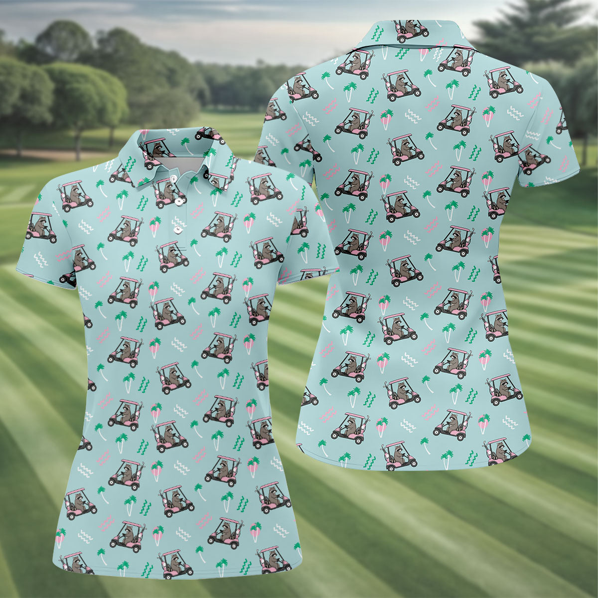 Funny Raccoon Golf Cart Tropical Polo Shirt, Hawaiian Golf Shirt, Ladies Golf Tops