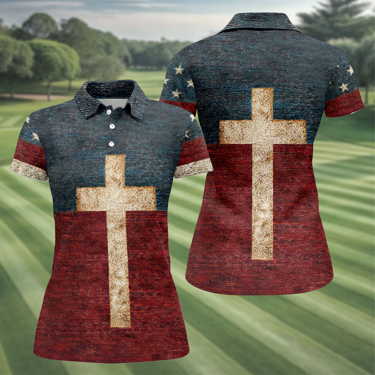 American Flag USA Faith Christian Cross Golf Shirt, Patriotic 4th Of July Golf Shirt For Women