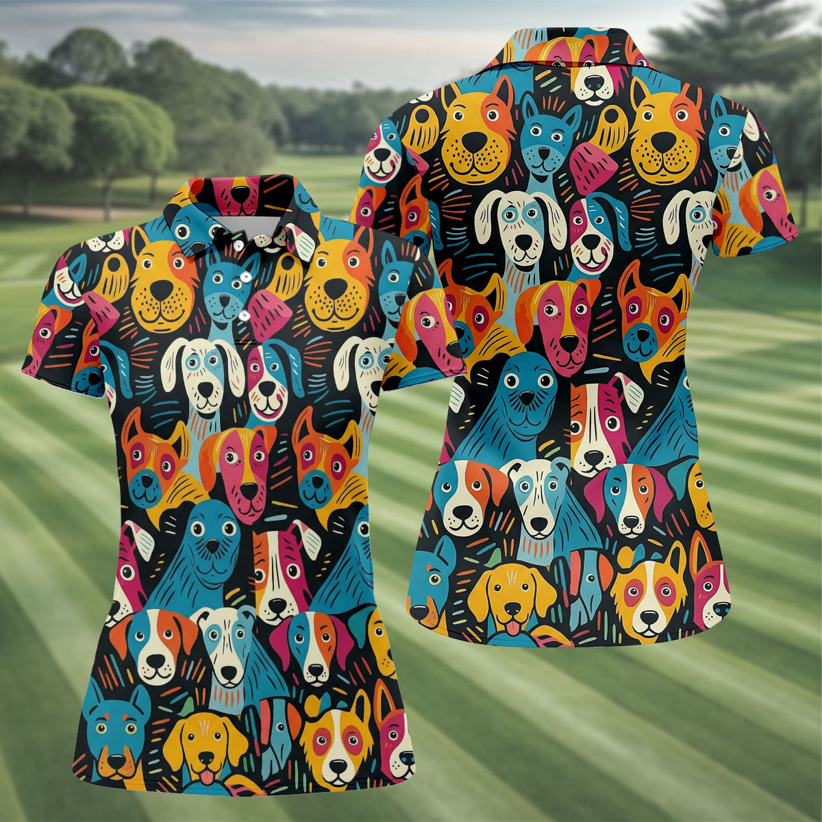 Happy Dog Faces Hawaiian Golf Shirt, Funny Golf Shirt, Abstract Animal Golf Shirt For Women
