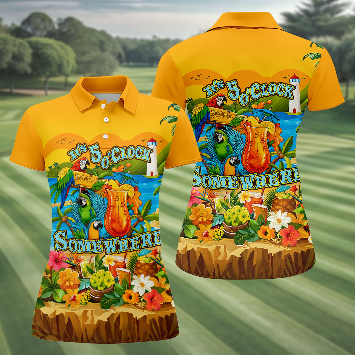 Golden Tropical Parrot Beach Cocktail Golf Polo Shirt, Golf Shirts For Women, Women's Golf Polo