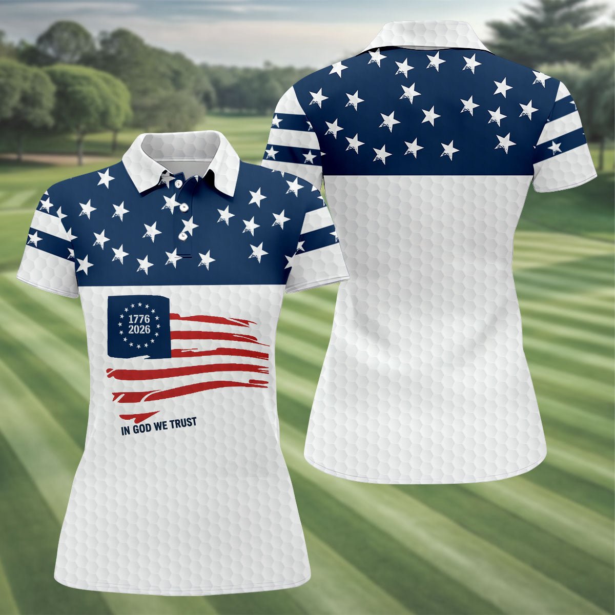 In God We Trust Golf Ball Pattern US Flag Golf Shirt, 250 Years 4th Of July Golf Shirt For Women