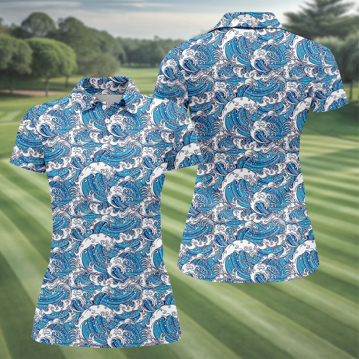 Blue Ocean Wave Pattern Golf Shirt, Women’s Golf Tops, Golf Shirts For Women, Printed Golf Shirt