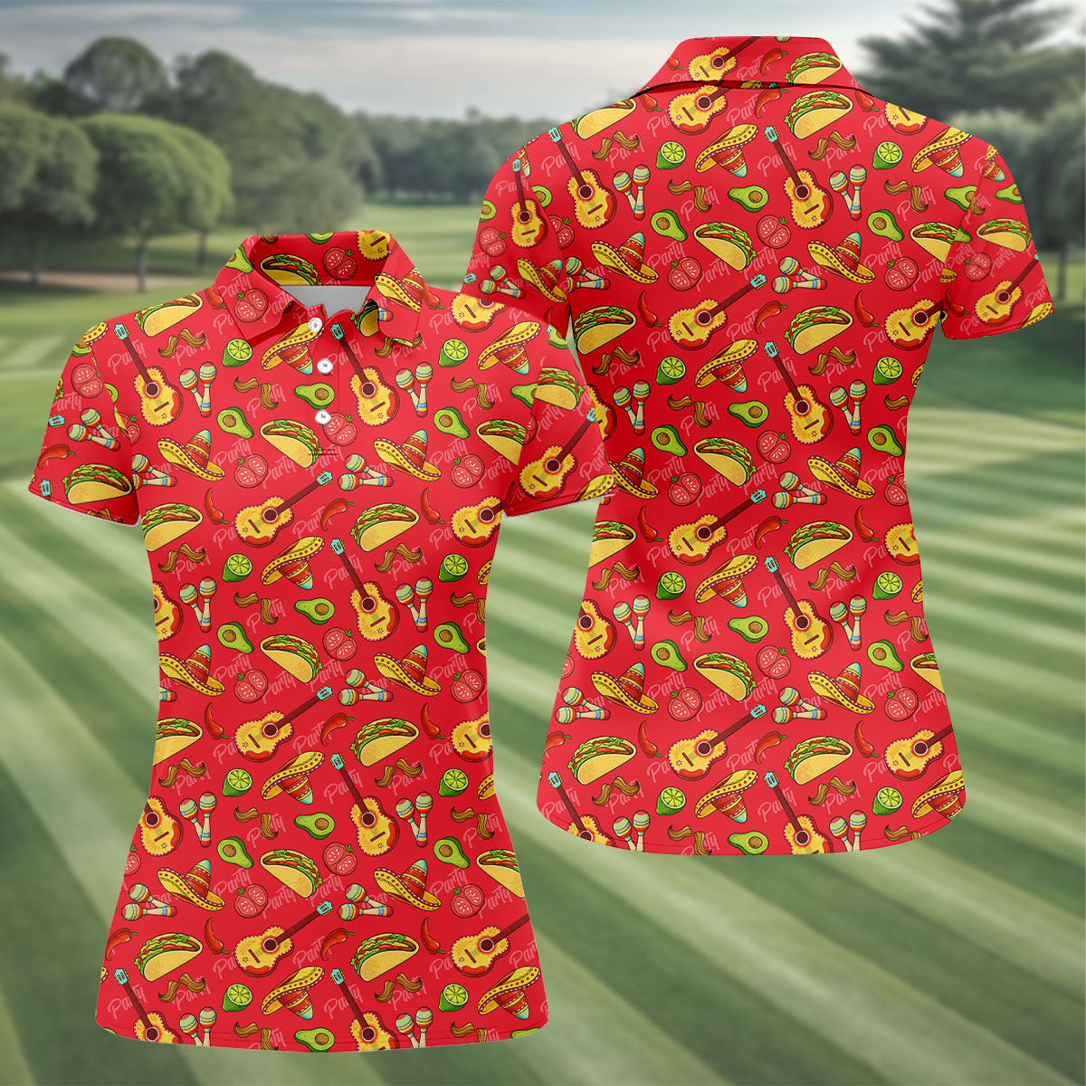 Mexican Party Seamless Pattern Red Ladies Golf Tops, Cinco De Mayo Celebration Golf Shirt For Women