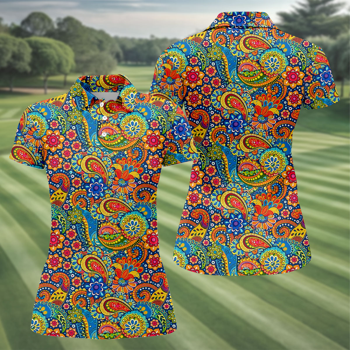 Colorful Floral Paisley Pattern Polo Shirt, Golf Tops For Women, Hawaiian Golf Shirt, Women’s Golf Apparel