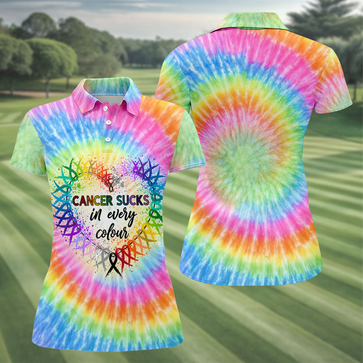 Cancer Sucks In Every Colour Tie Dye Ribbon Polo Shirt, Ladies Golf Tops, Printed Golf Shirt