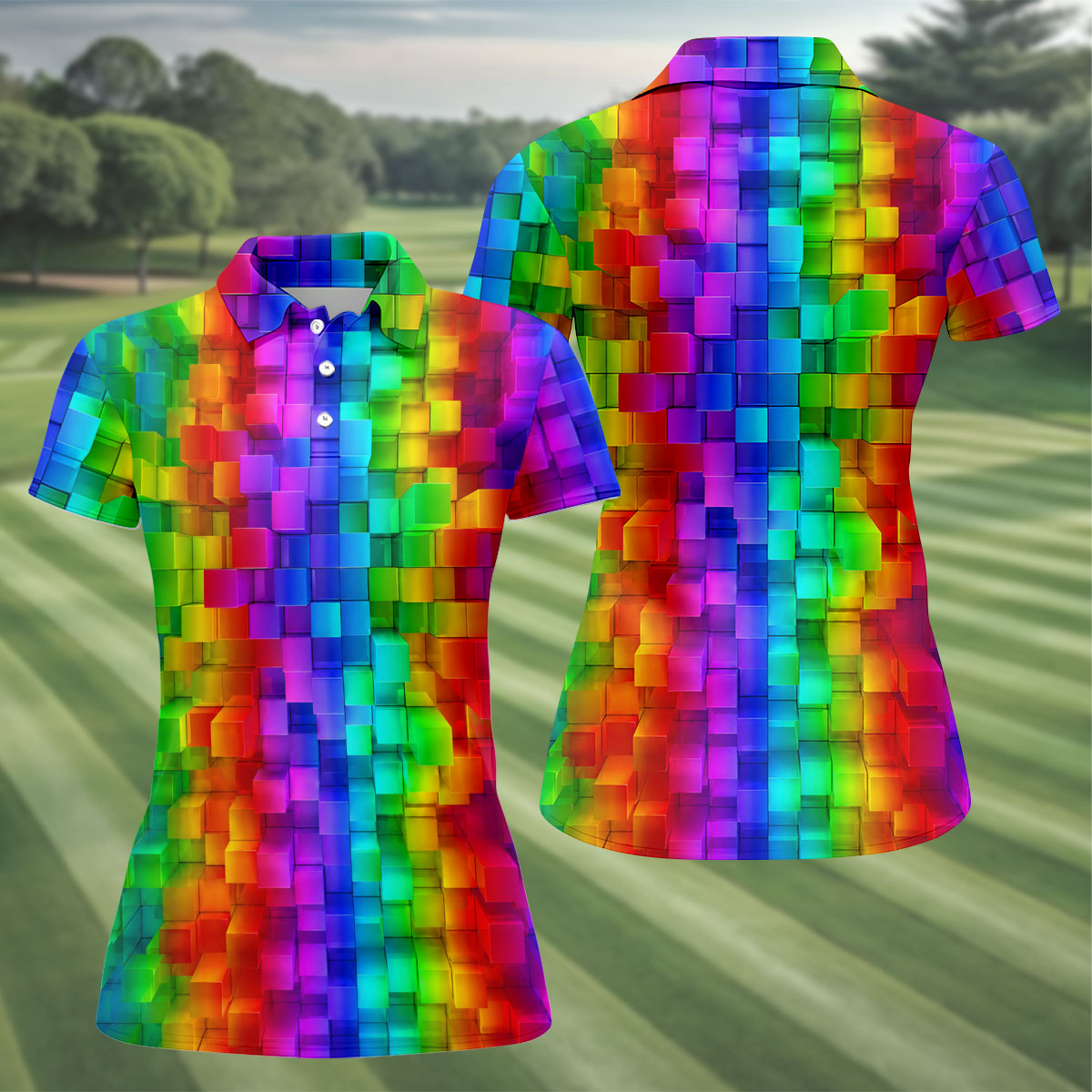 Rainbow Cube 3D Effect LGBT Support Ladies Golf Tops, Gay Pride Month Celebrate Golf Shirt For Women