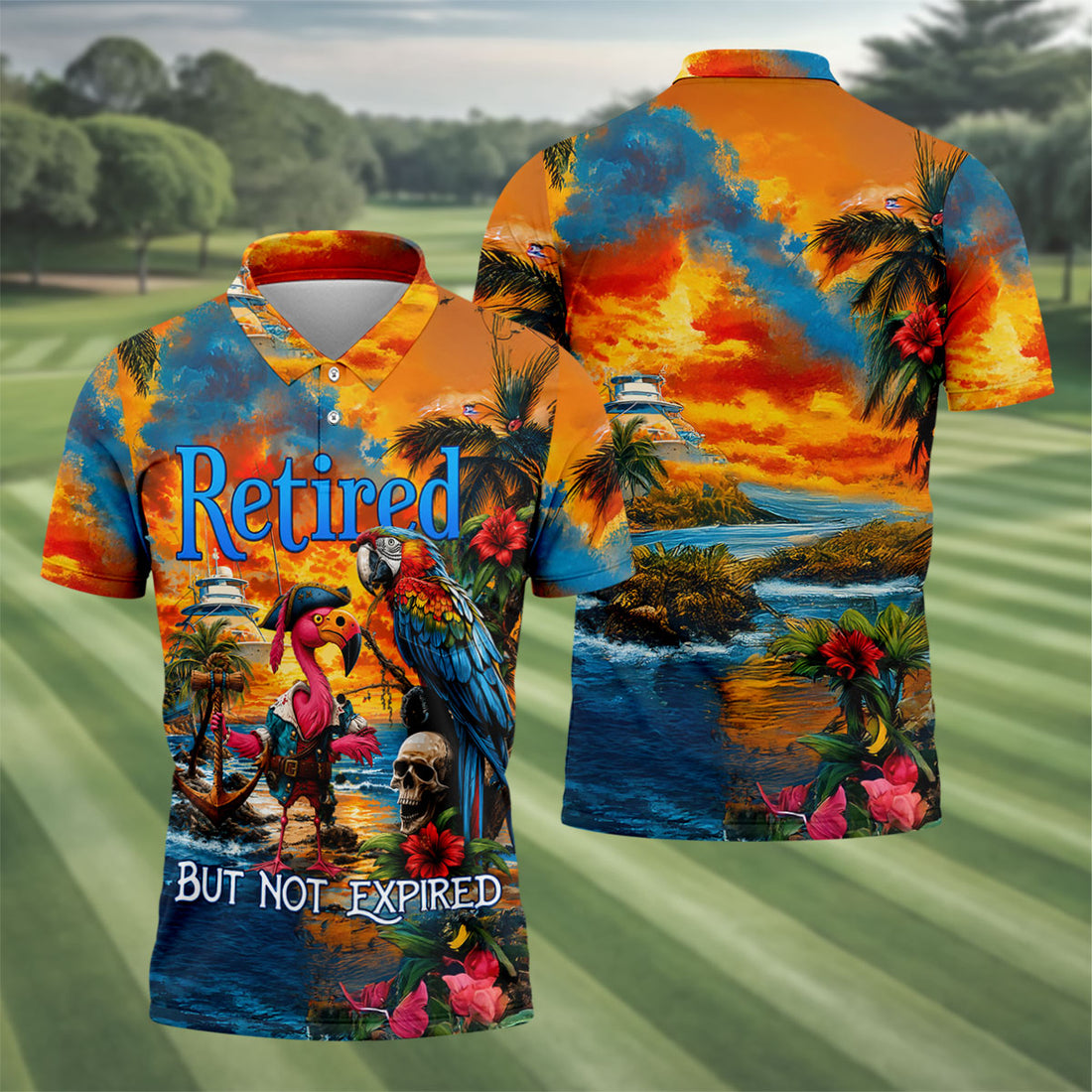 Retired Parrot Flamingo Pirate Tropical Golf Shirt, Mens Golf Polo, Hawaiian Golf Shirt, Golf Apparel For Men