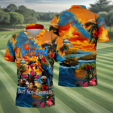Retired Parrot Flamingo Pirate Tropical Golf Shirt, Mens Golf Polo, Hawaiian Golf Shirt, Golf Apparel For Men