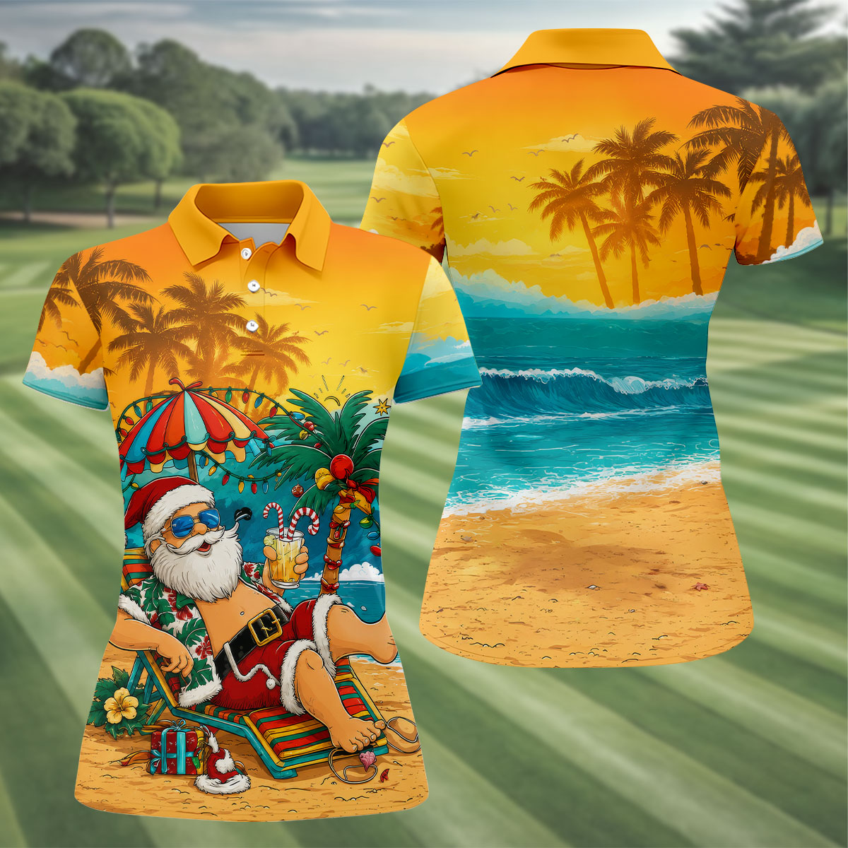 Beach Chair Santa Christmas Golf Shirt, Women's Golf Tops, Hawaiian Golf Shirt, Golf Shirts For Women