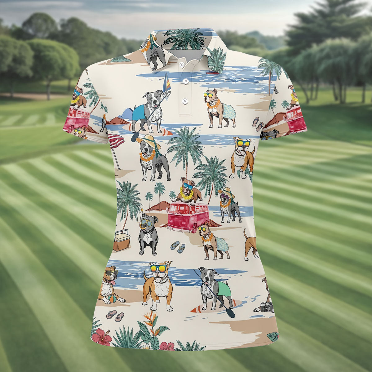 Pit Bull Beach Vacation Tropical Golf Polo Shirt, Golf Shirts For Women, Women's Golf Apparel