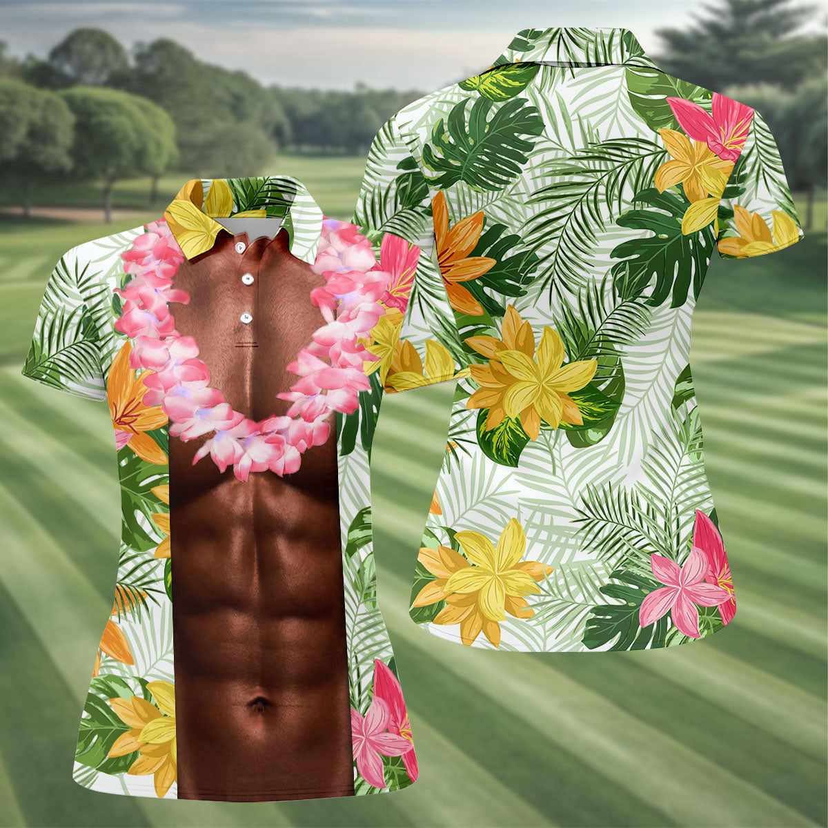Tan Skin Tropical Muscle Chest Hawaiian Golf Polo Shirt, Women's Golf Tops, Performance Golf Shirt