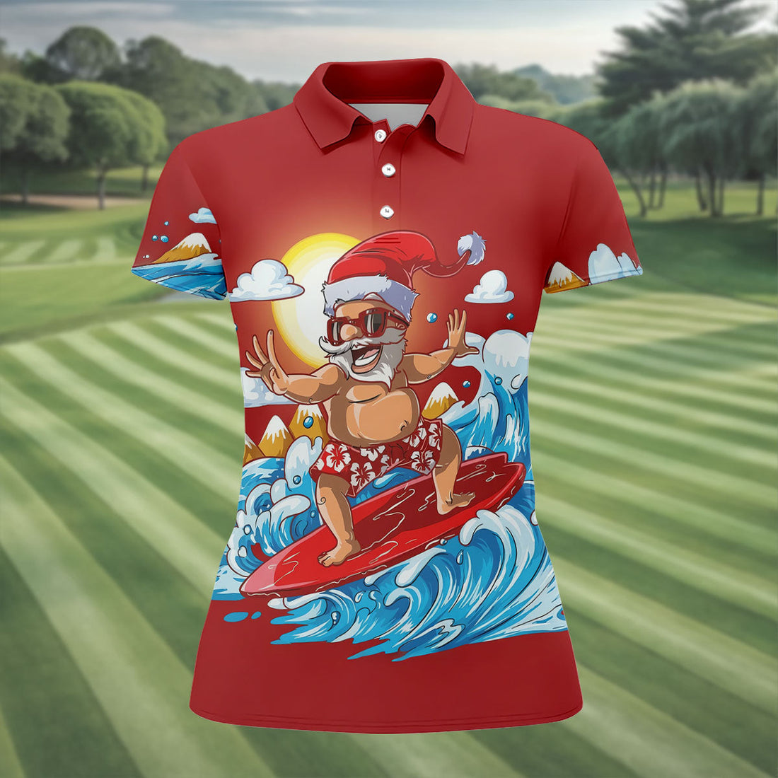 Women's Funny Santa Surfing Golf Shirt, Christmas Golf Shirt, Women’s Golf Apparel