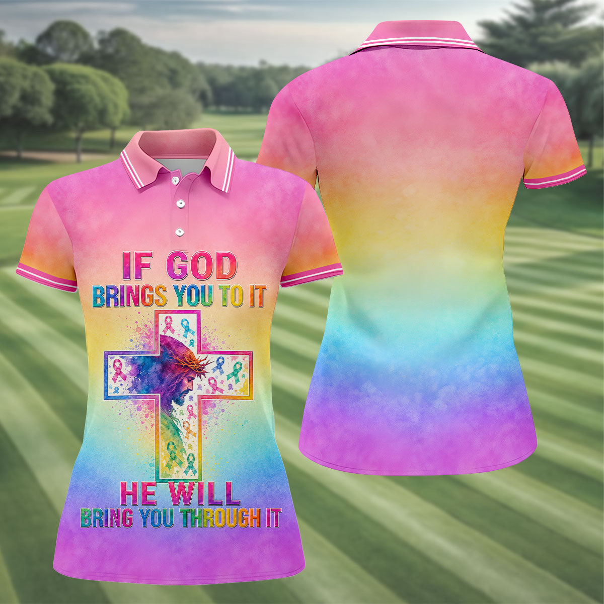 If God Brings You To It Cancer Cross Polo Shirt, Ladies Golf Tops, Printed Golf Shirt