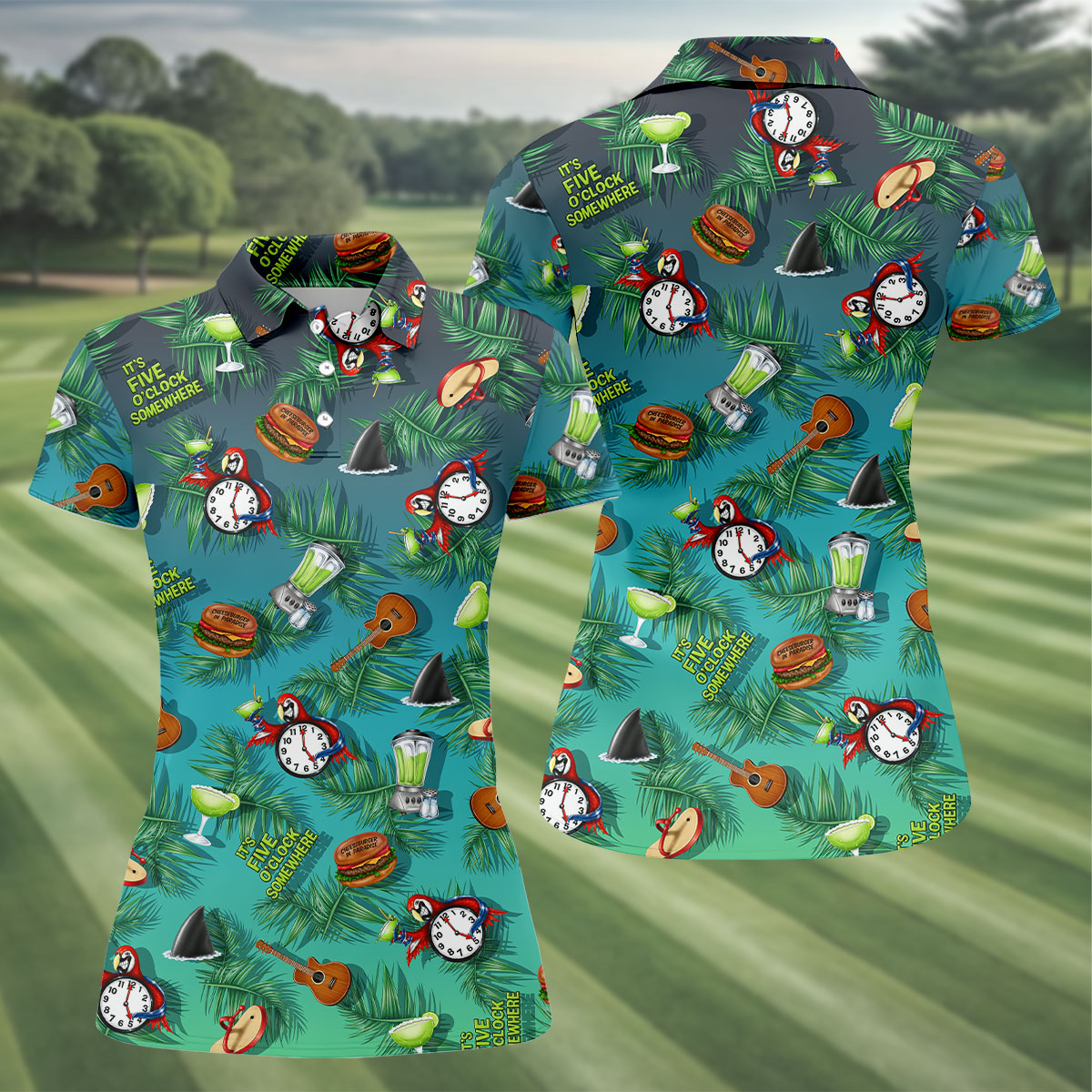 Teal Tropical Cocktail Parrot Pattern Golf Polo Shirt, Golf Shirts For Women, Women's Golf Polo