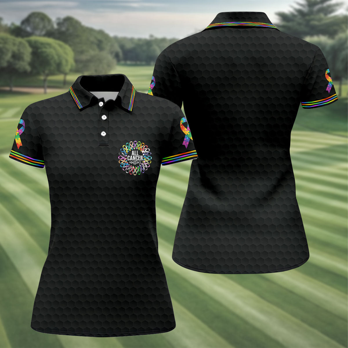 All Cancer Matters Multicolor Ribbon Golf Polo Shirt, Womens Golf Tops, Golf Shirts For Women
