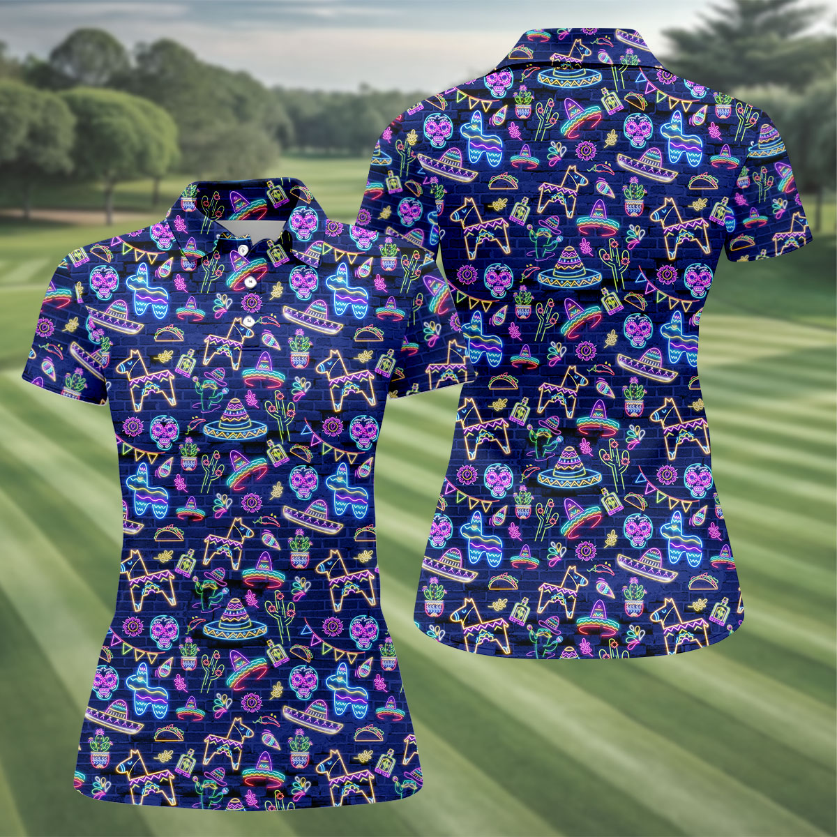 Mexican Holiday Symbols Neon Pattern Cinco De Mayo Celebration Fiesta Themed Golf Shirt For Women