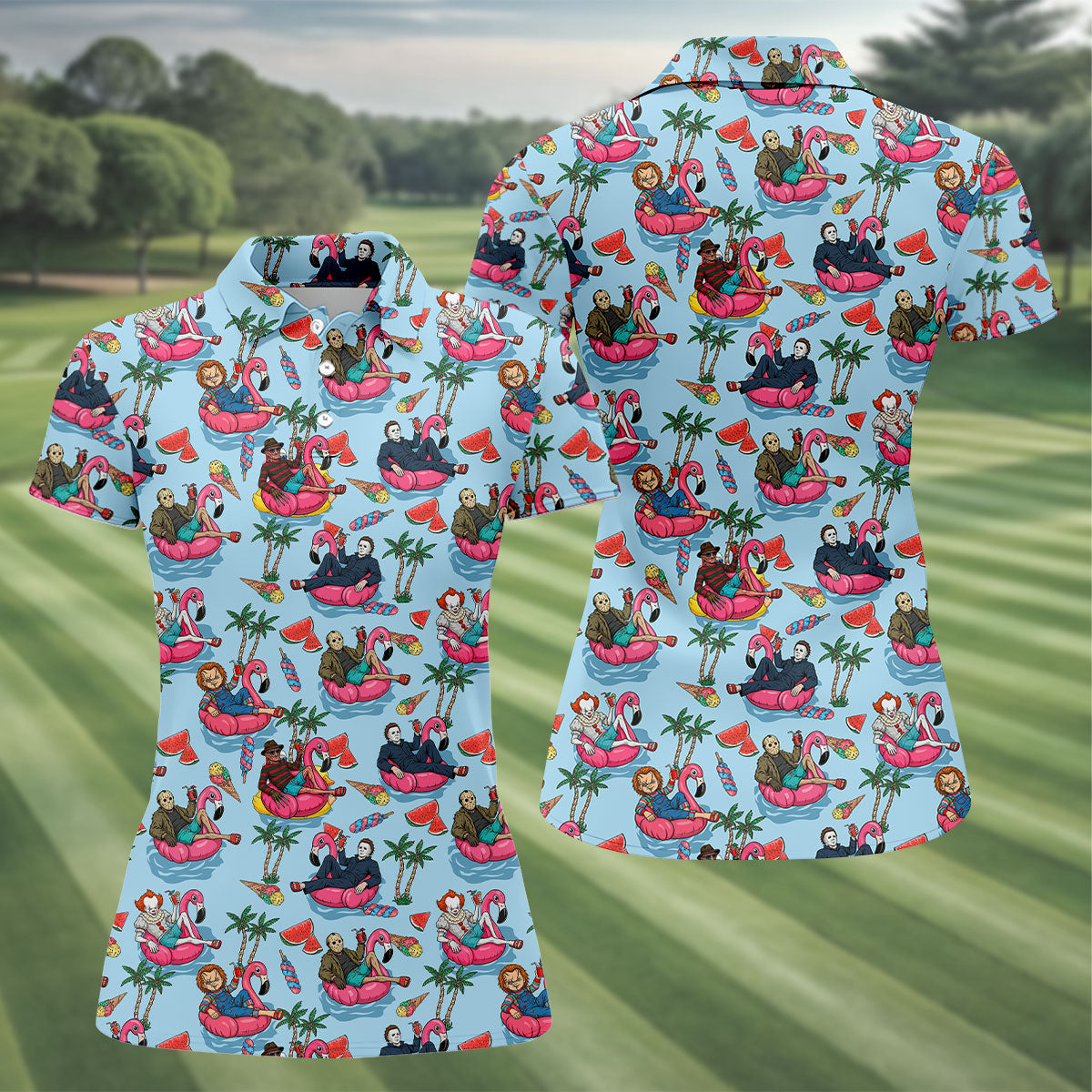 Retro Horror Character Villains Floating On Flamingo Pool Floats Golf Polo Shirt, Women's Golf Polo, Golf Tops For Women
