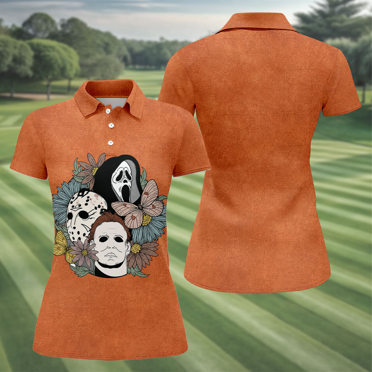 Floral Horror Mask Trio Halloween Golf Polo Shirt, Golf Tops For Women, Printed Golf Shirt