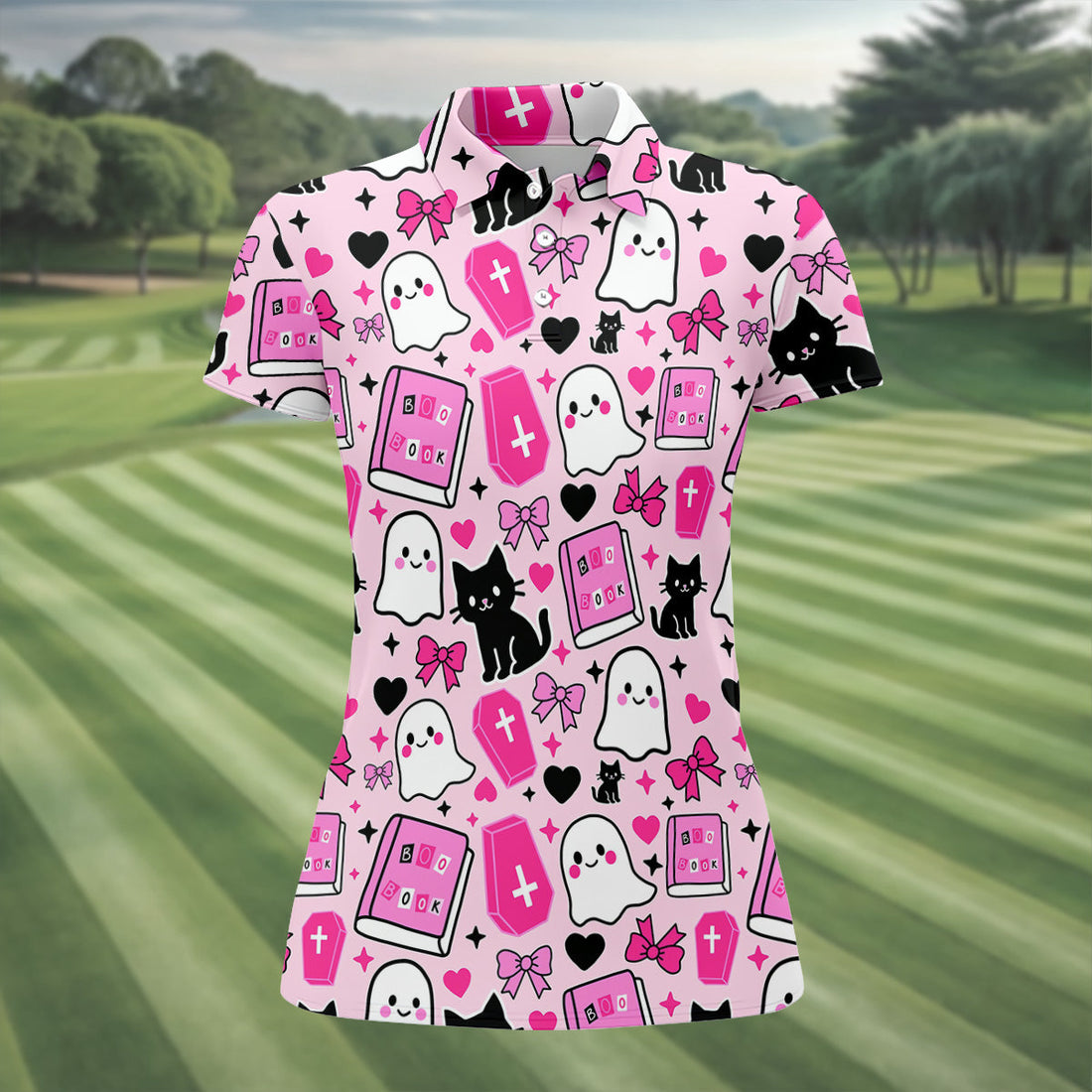 Halloween Boo And Cat Coquette Pink Women Golf Top, Cute Golf Outfit, Ladies Golf Shirts