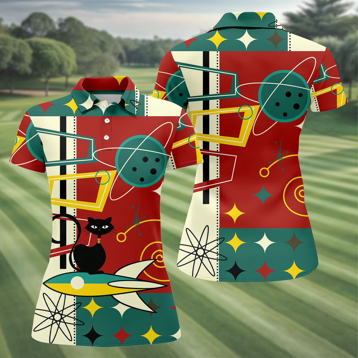 Geometric Abstraction Atomic Cat Hawaiian Golf Shirt, Retro Golf Shirt, Women's Golf Tops