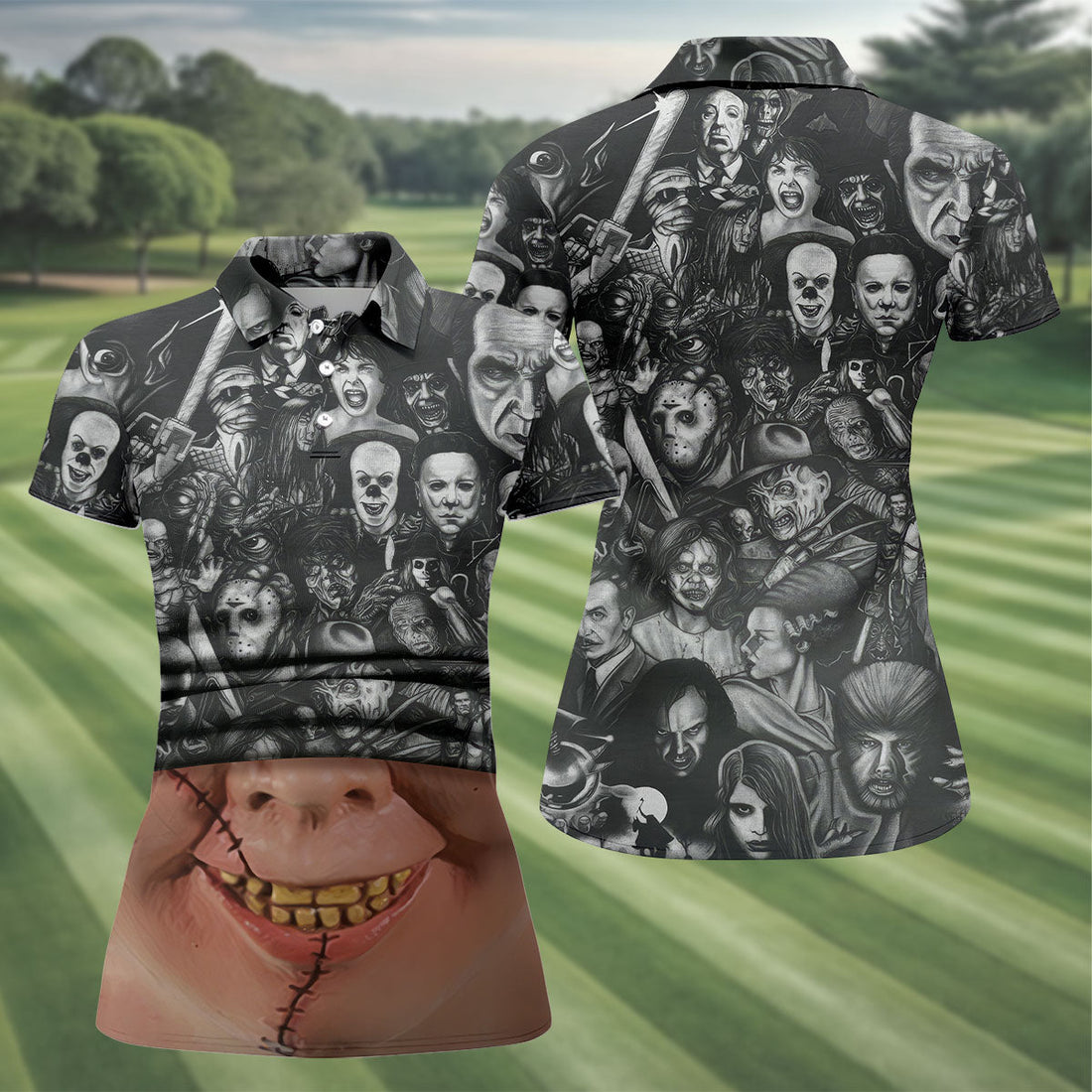 Stitched Face Horror Character Halloween Polo Shirt, Golf Polo For Women, Ladies Golf Top