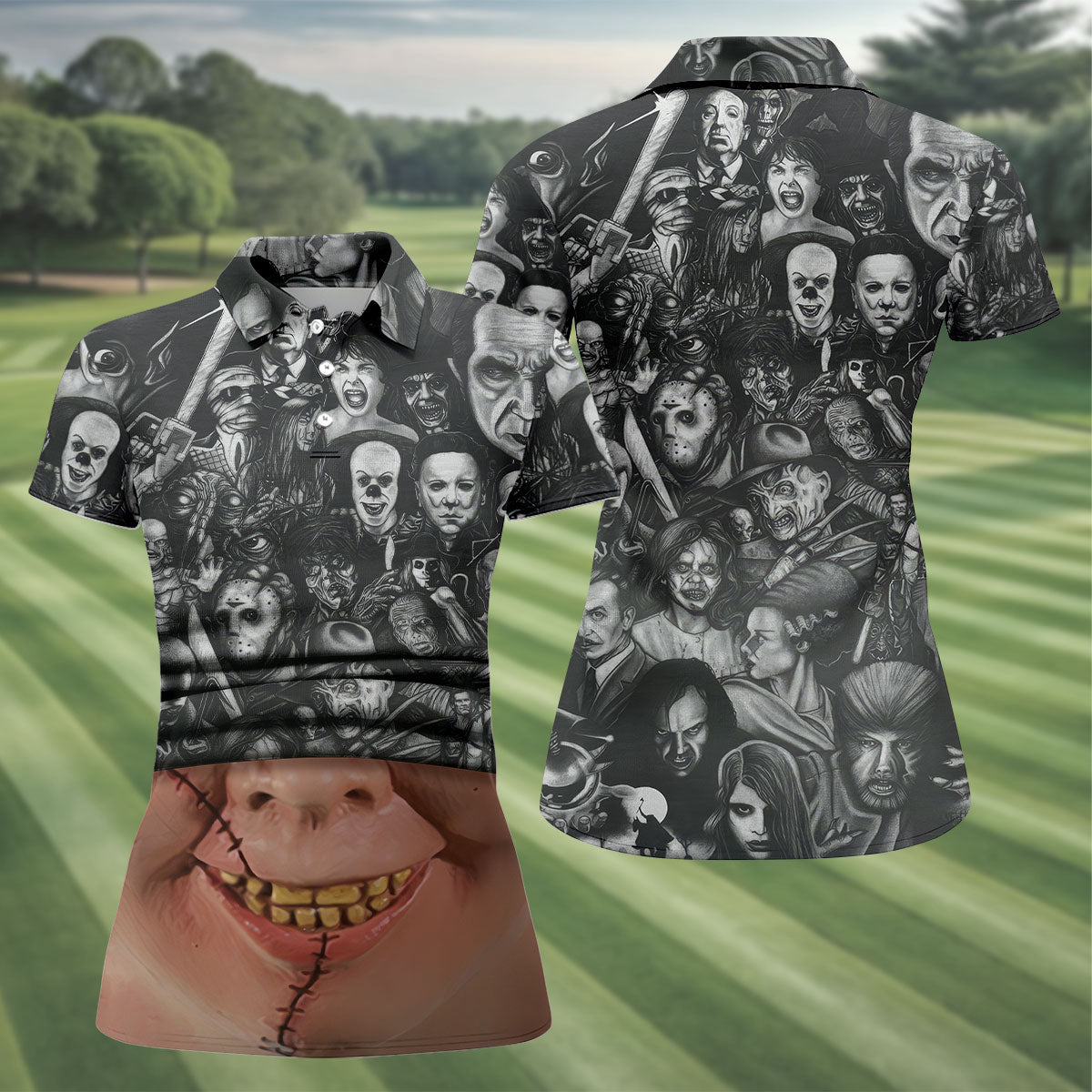 Stitched Face Horror Character Halloween Polo Shirt, Golf Polo For Women, Ladies Golf Top