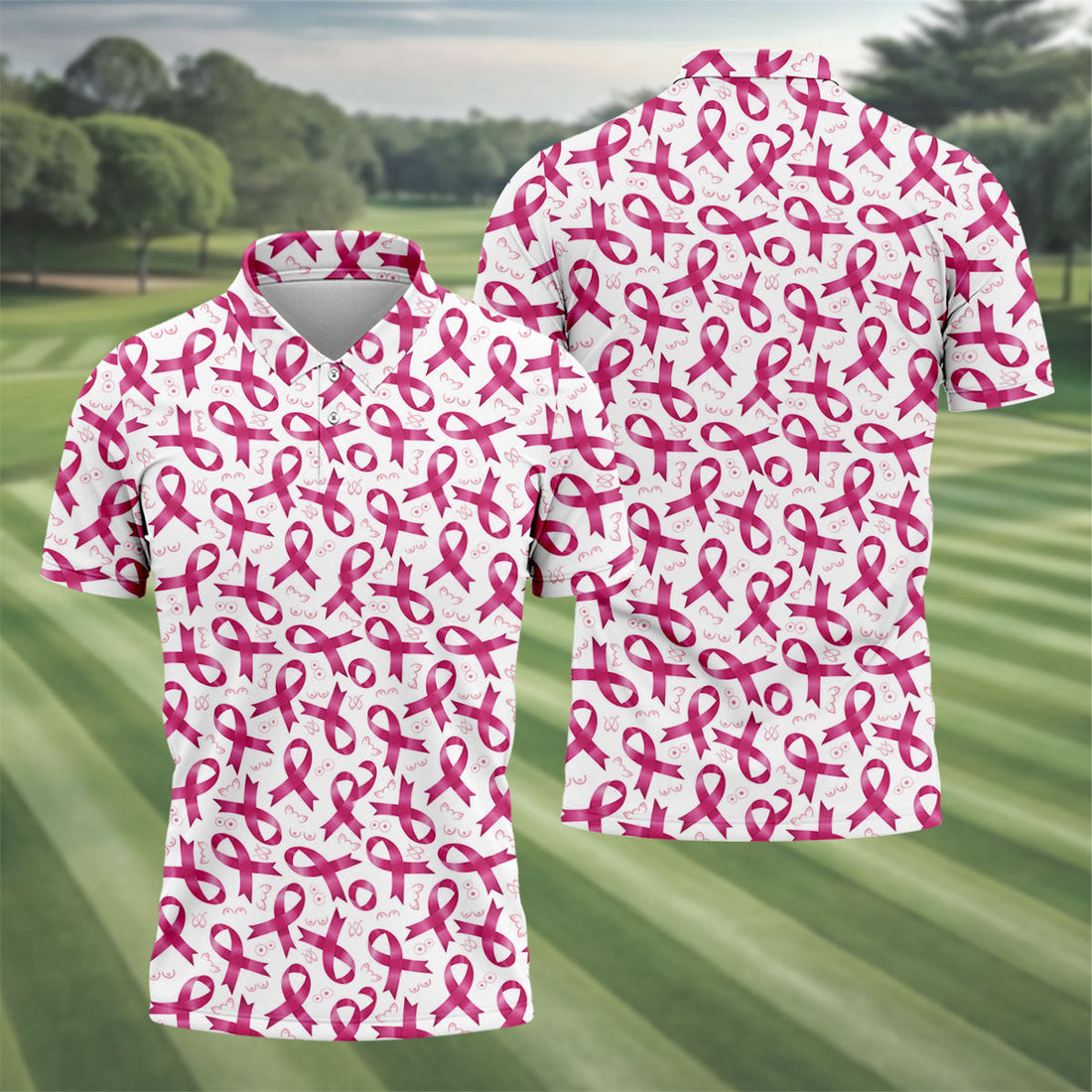 Glossy Pink Ribbon Breast Cancer Polo Shirt, Men's Golf Shirt, Mens Golf Apparel