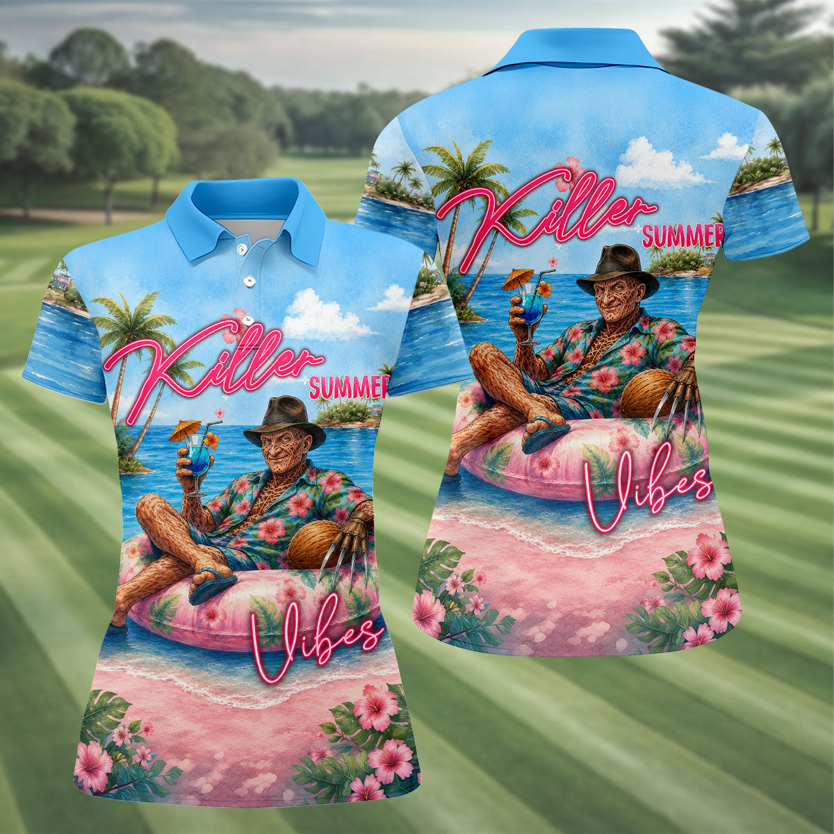 Killer Summer Vibes Burned Slasher Golf Polo Shirt, Women's Golf Polo, Ladies Golf Tops