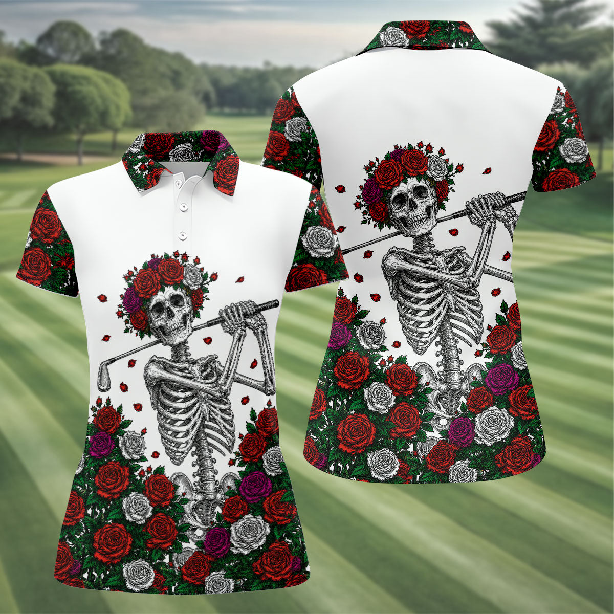 Rose Crown Skeleton Golfer Halloween Polo Shirt, Golf Tops For Women, Ladies Golf Top