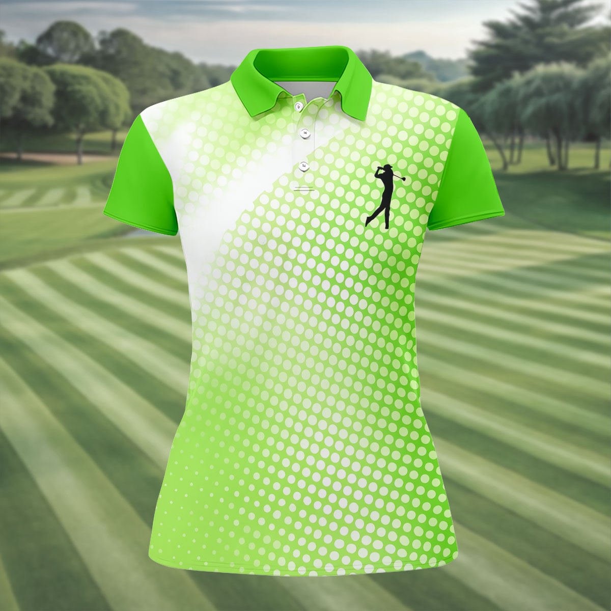 Green White Gradient Polka Dot Golf Shirt, Women's Golf Tops, Ladies Golf Polos