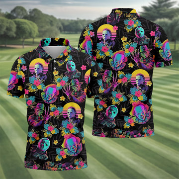 Neon Floral Halloween Horror Character Hawaiian Golf Shirt, Men's Golf Shirt, Mens Golf Polo