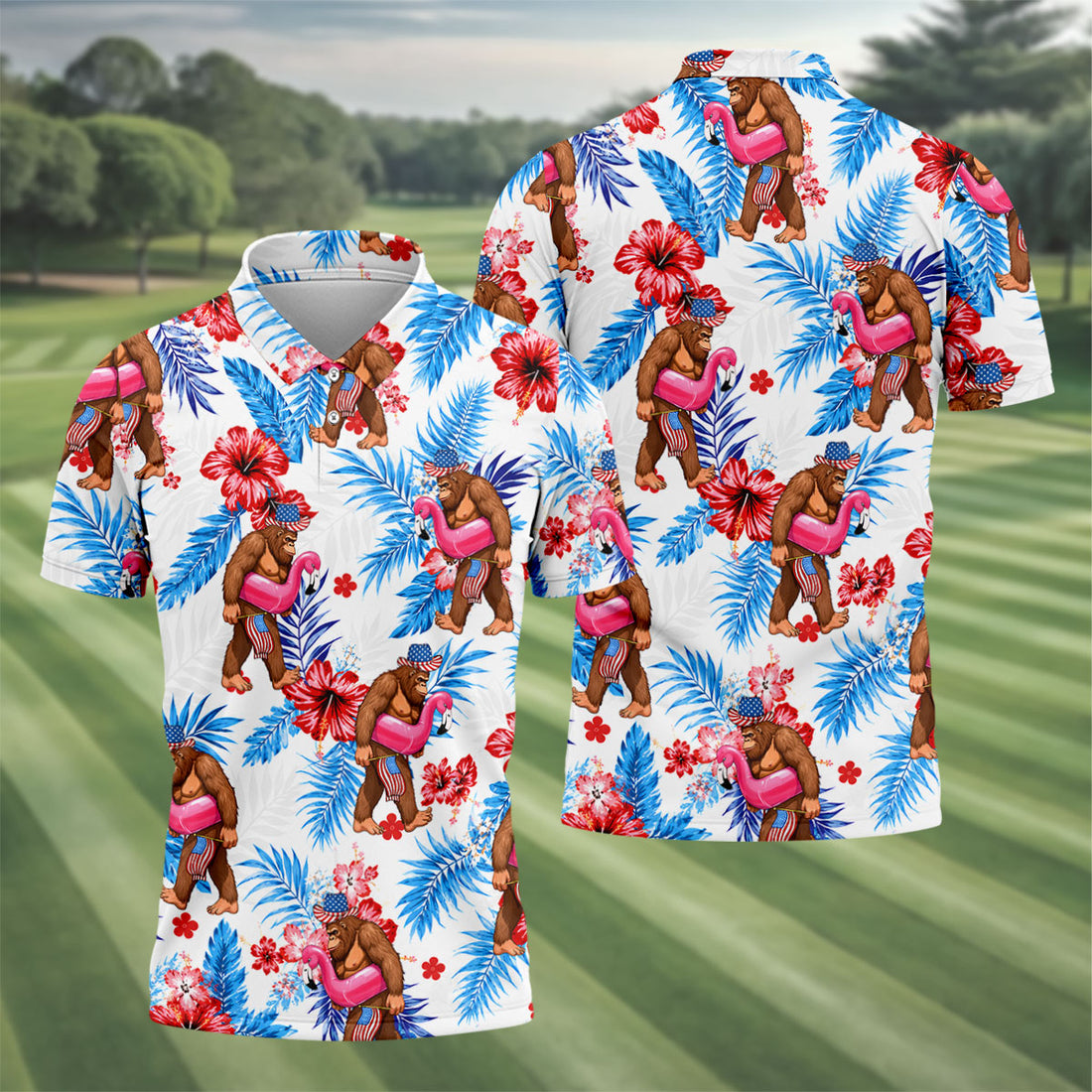 Bigfoot Flamingo Float Tropical Hawaiian Golf Shirt, Hawaiian Golf Shirt, Mens Golf Shirts