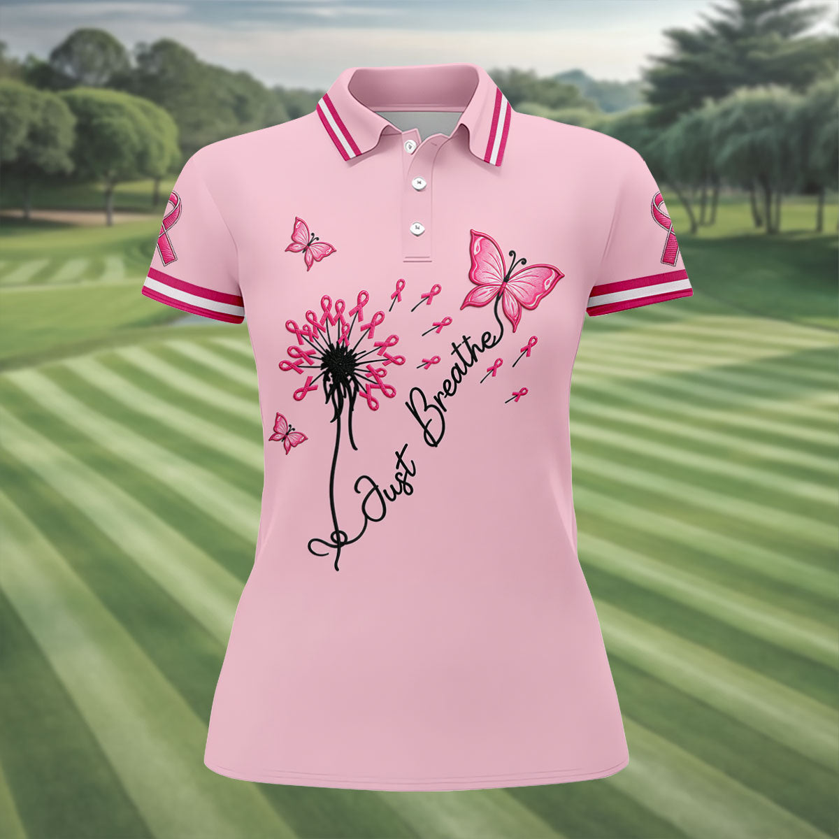 Just Breathe Butterfly Pink Ribbon Breast Cancer Polo Shirt, Golf Polo For Women