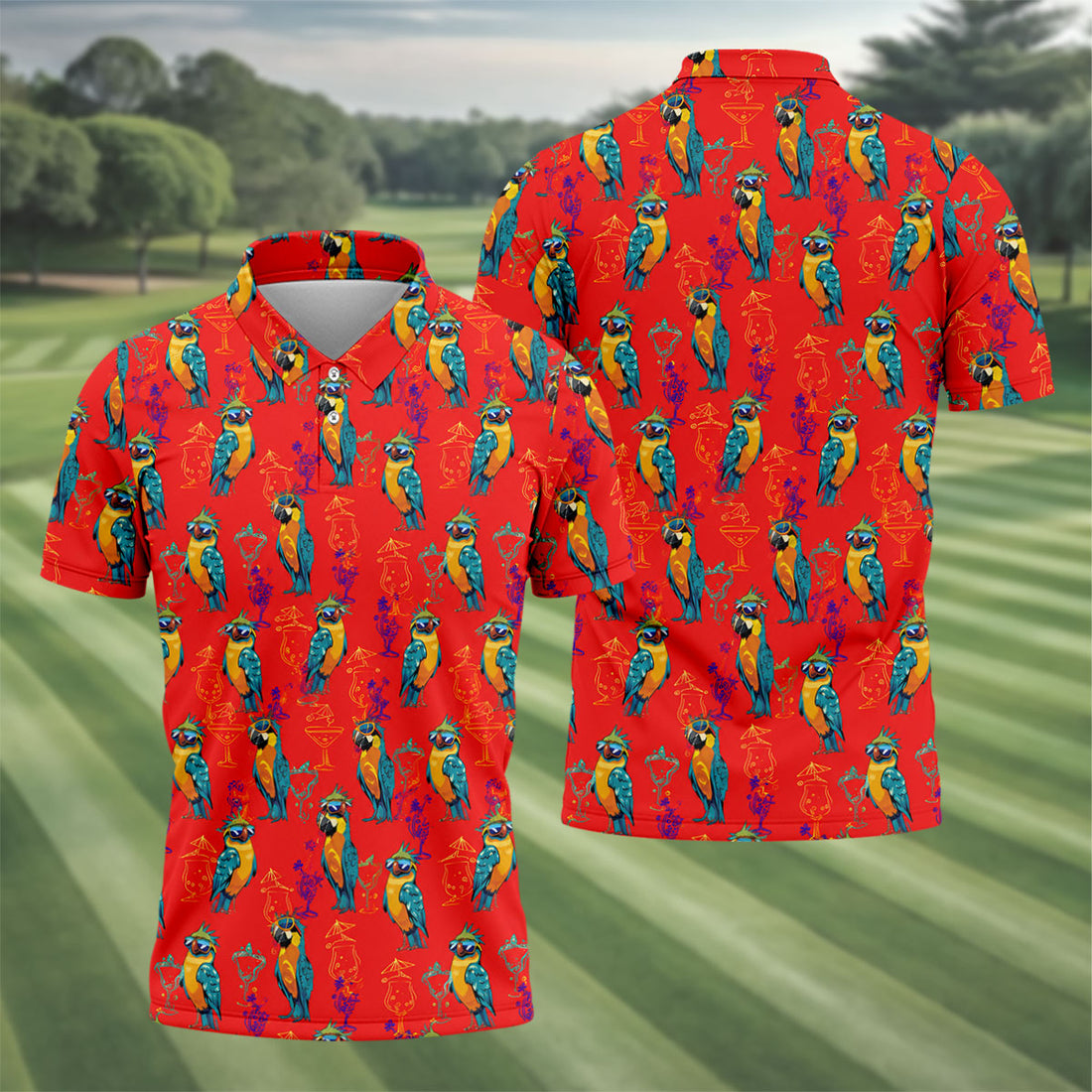 Red Parrot Sunglasses Cocktail Pattern Golf Shirt, Hawaiian Golf Shirt, Golf Shirts For Men, Mens Golf Apparel