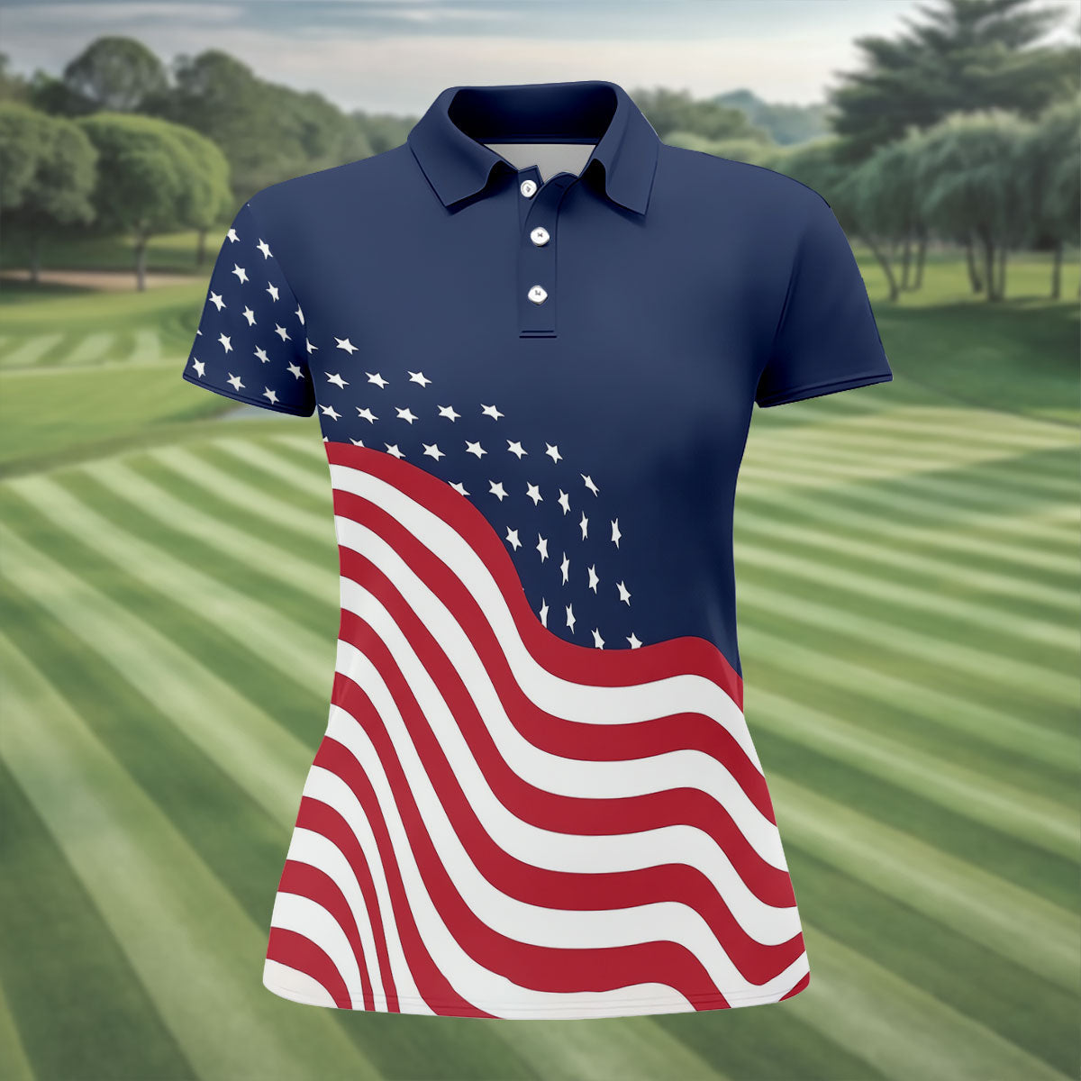 Red White Blue Wavy Stripes And Stars 4th Of July Patriotic Golf Shirt, 250 Years Golf Shirt For Women