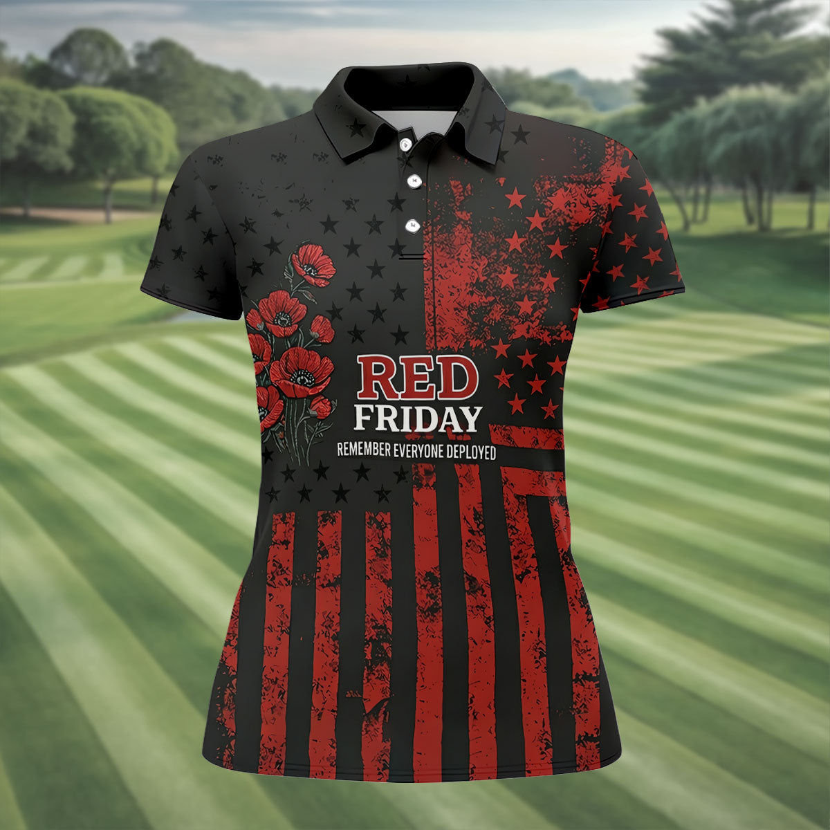 Red Friday American Flag Poppy Polo Shirt, Women’s Golf Apparel, Printed Golf Shirt