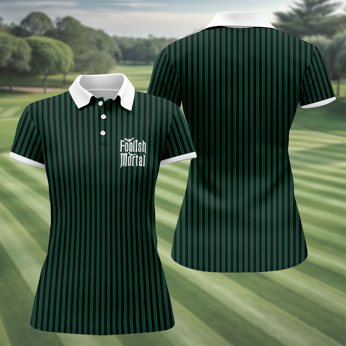 Green Foolish Mortal Striped Golf Polo Shirt, Golf Shirts For Women, Halloween Tops For Women