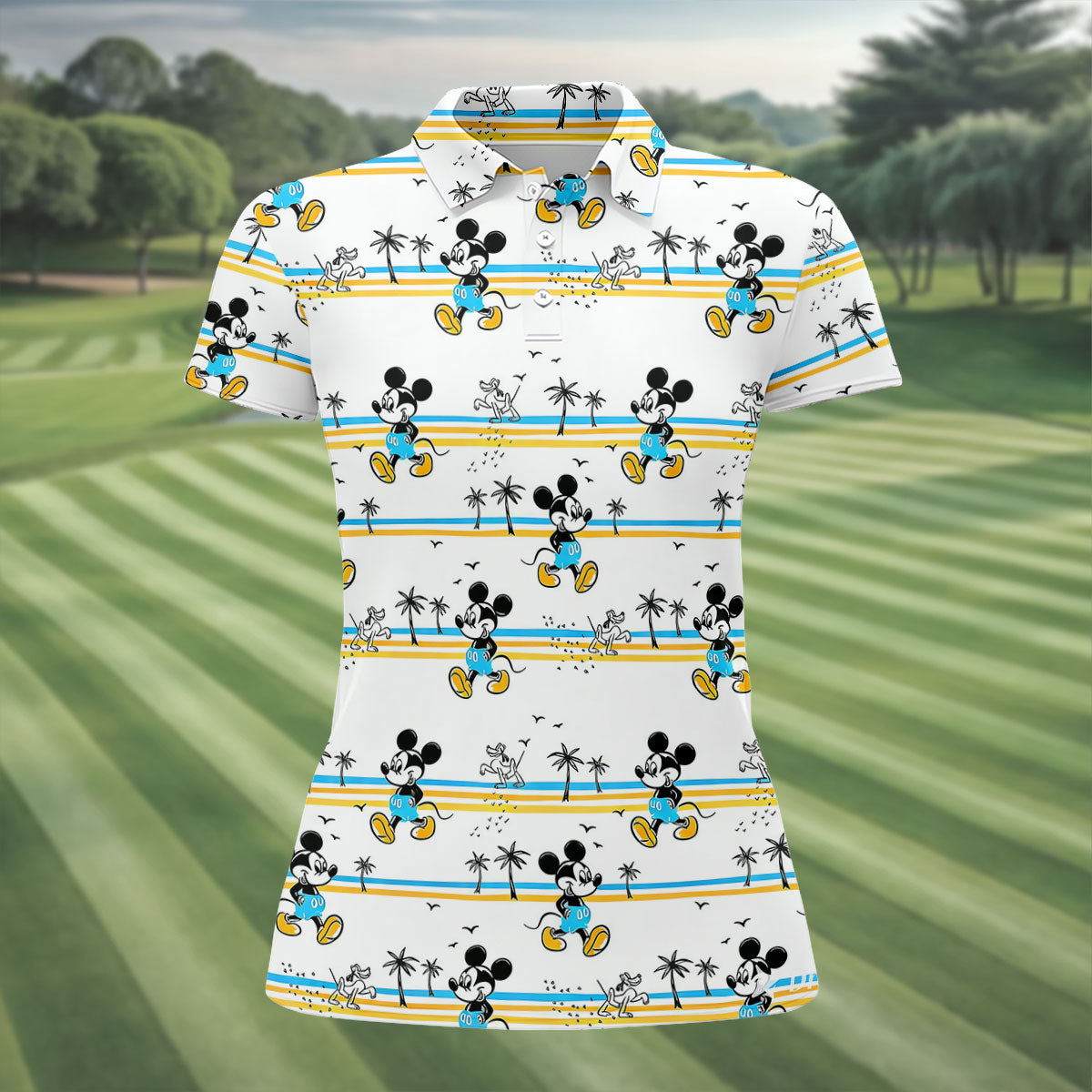Retro Beach Stripe Cartoon Golf Polo Shirt, Women's Golf Tops, Ladies Golf Tops