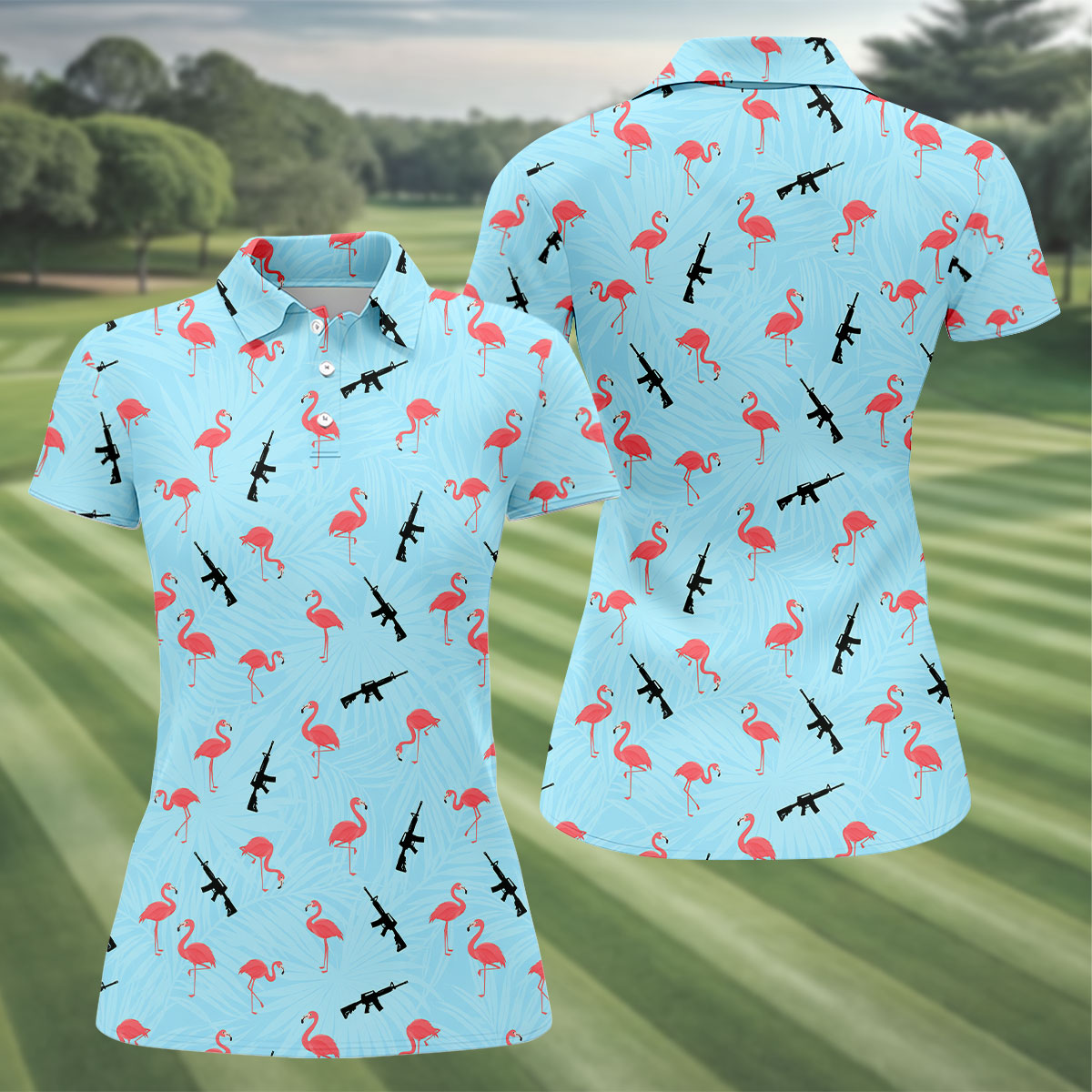Light Blue Flamingo Pattern Golf Polo Shirt, Golf Shirts For Women, Women's Golf Polo