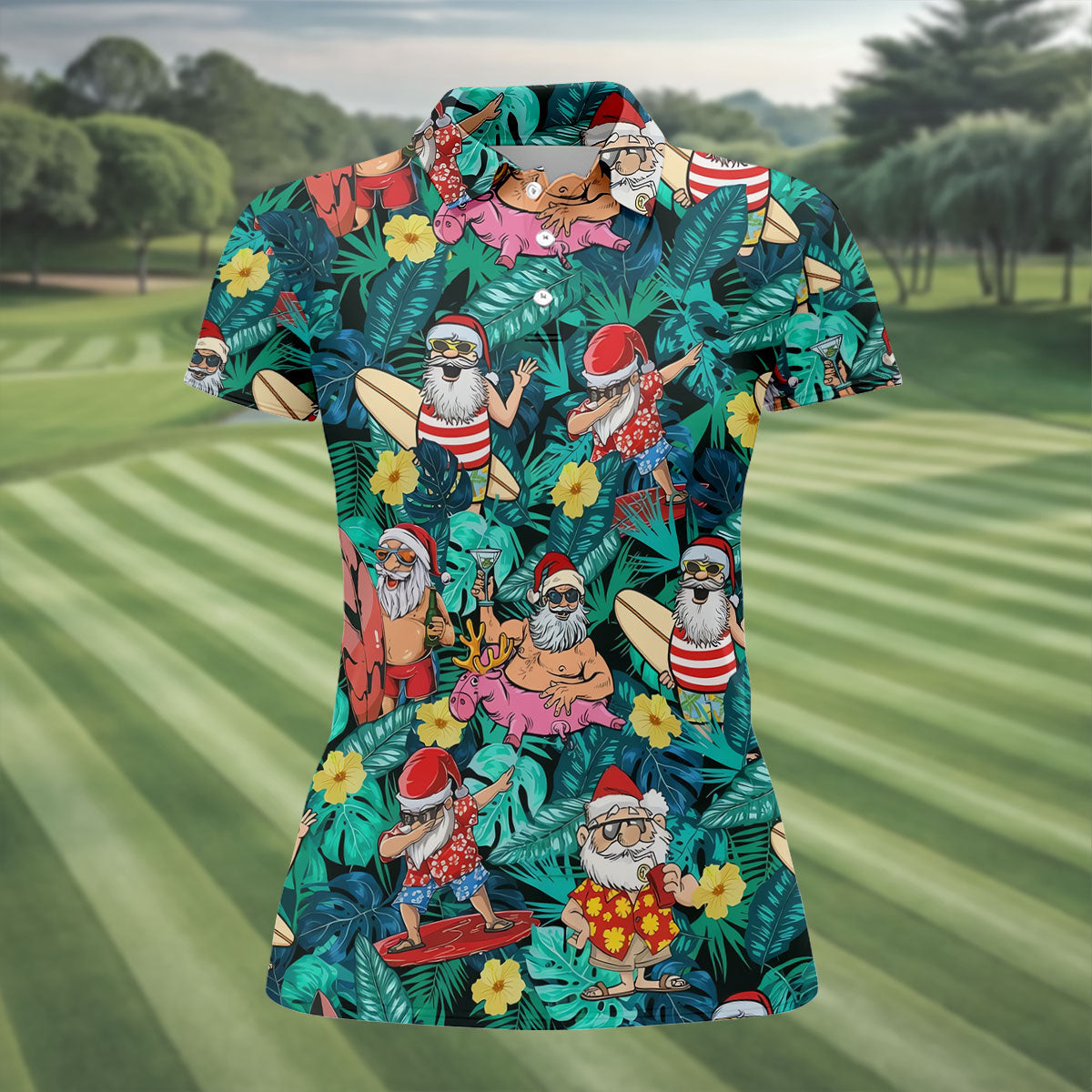 Women's Funny Santa Pool Float Golf Shirt, Christmas Golf Shirt, Women’s Golf Apparel
