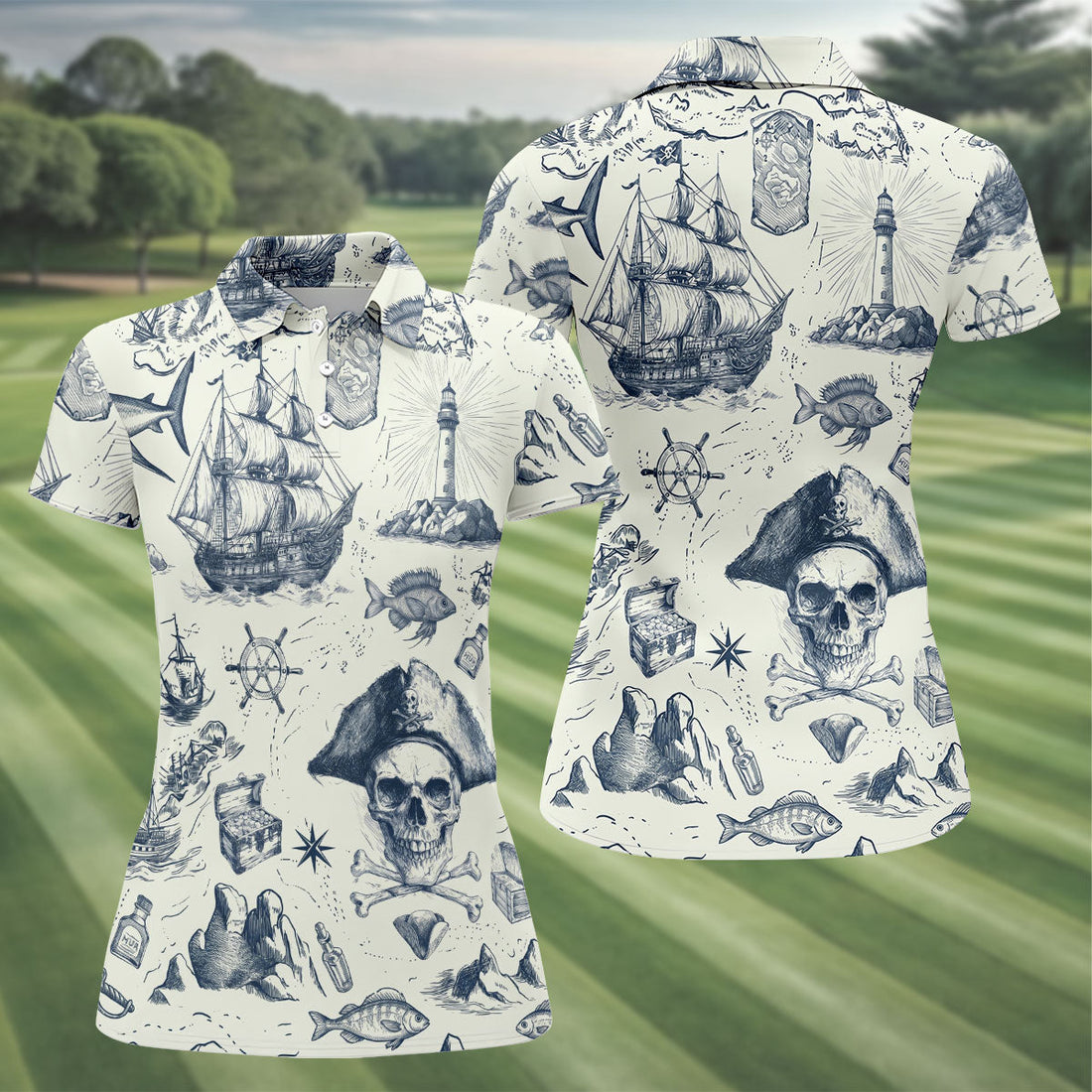 Ivory Vintage Pirate Map Pattern Golf Shirt, Women's Golf Shirt, Hawaiian Golf Shirt, Golf Polo For Women