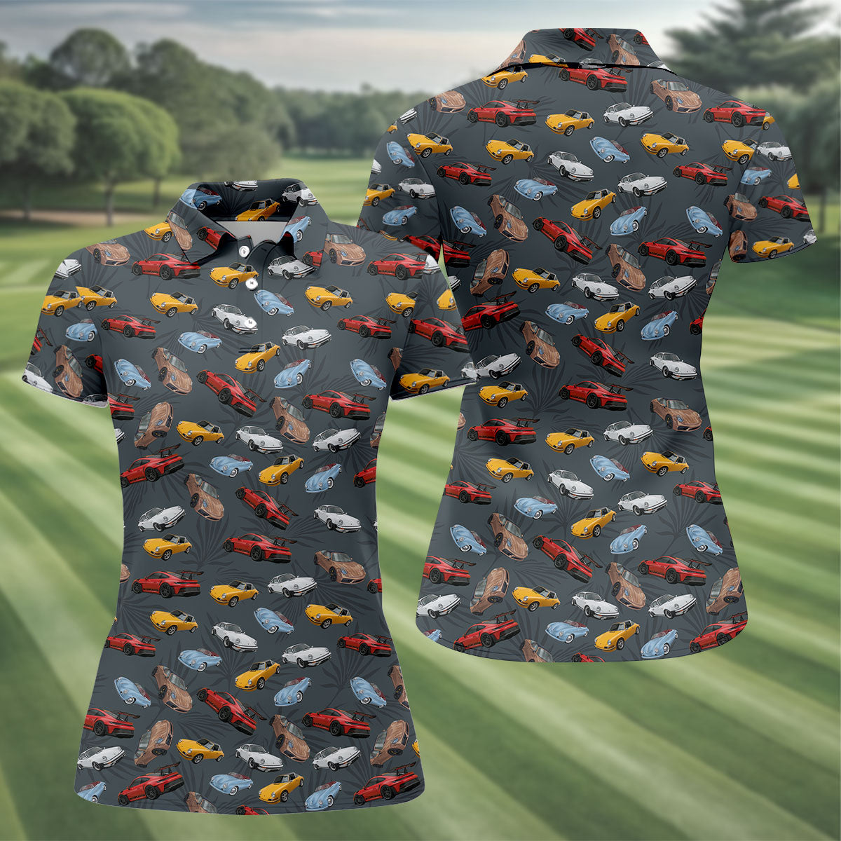 Charcoal Vintage Sports Car Pattern Golf Polo Shirt, Golf Shirts For Women, Women's Golf Polo