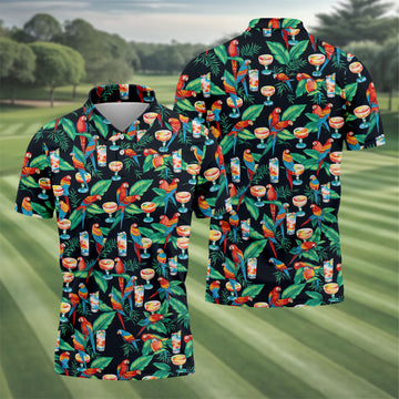 Colorful Parrots Margaritas Cinco De Mayo Celebration Fiesta Themed Tropical Pattern Golf Shirts For Men