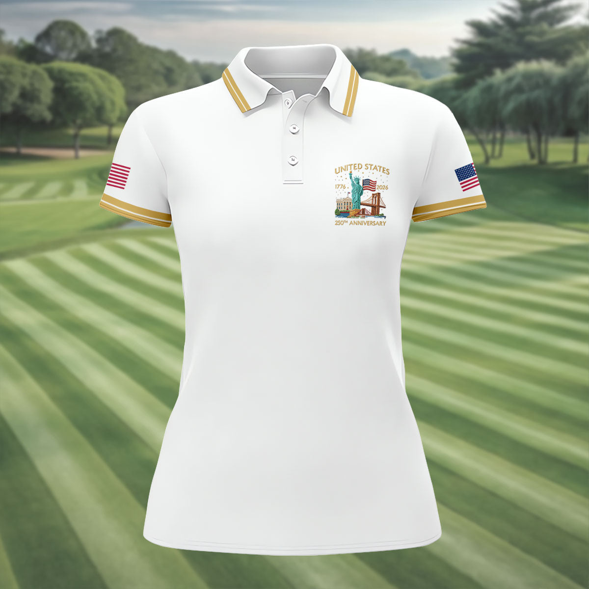 American Symbols White Patriotic Golf Shirt, US 250 Years 4th Of July Golf Shirt For Women