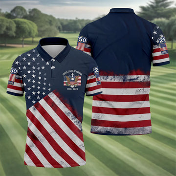 US Bald Eagle Distressed Flag 250 Faith Cross Golf Tops For Men, Patriotic 4th Of July Golf Shirts For Men